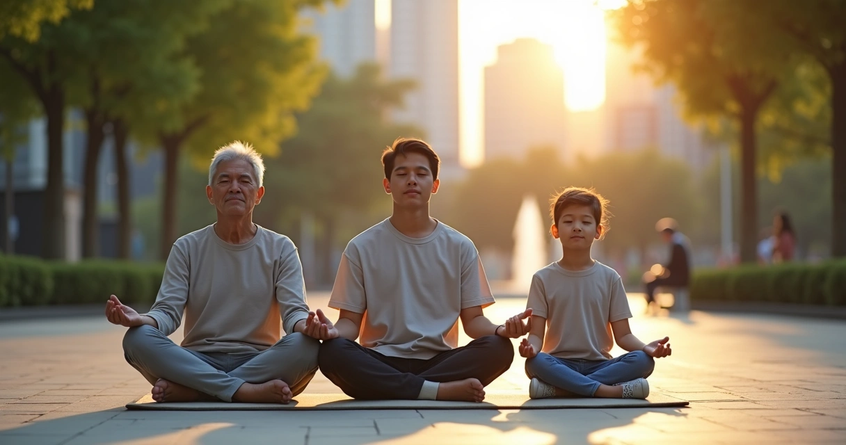Três gerações sentadas em meditação numa praça arborizada ao pôr do sol 