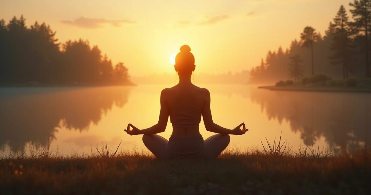 Silhueta de pessoa meditando em local pacífico, com luz suave e natureza ao fundo. 