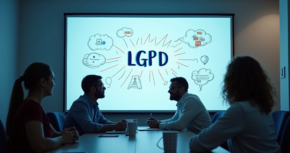 Reunião de equipe com destaque em cartaz de LGPD e dados seguros 