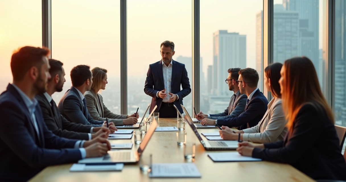 Líder em reunião com equipe demonstrando ética e confiança no ambiente corporativo 