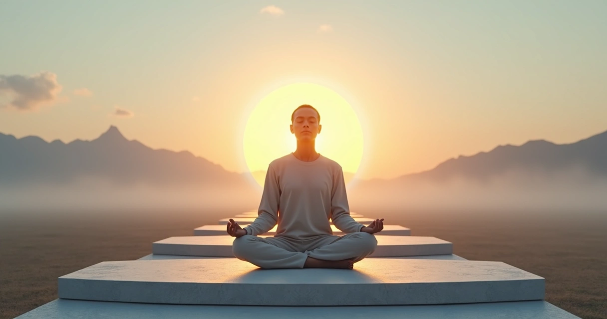 Persona meditando frente a cruce de caminos luminoso 