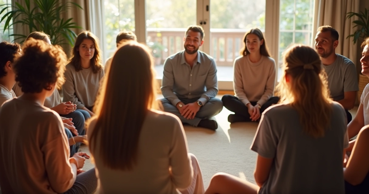 Grupos de personas sentados en círculo con expresión de reflexión y diálogo, en un entorno iluminado