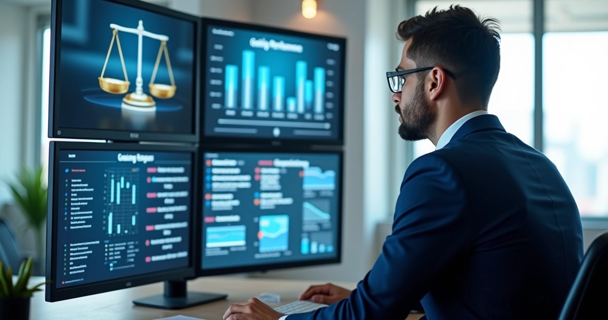 Profissional jurídico monitorando campanhas digitais e gráficos de desempenho em tela