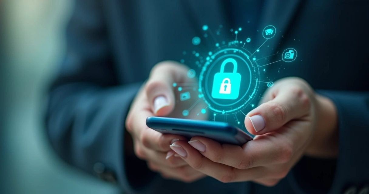 Pessoa segurando celular com símbolo de ética digital e cadeado 