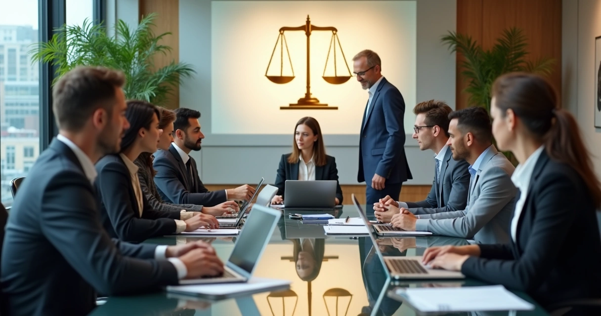 Equipe em reunião tomando decisão com símbolo de balança de justiça ao fundo 