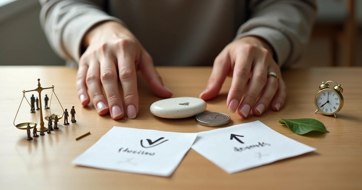 Pessoa escolhendo entre pequenos objetos simbólicos de escolhas éticas sobre uma mesa 