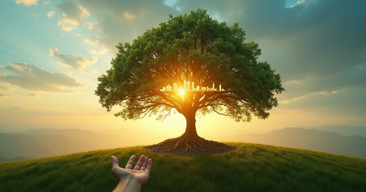 Mão humana tocando árvore luminosa em forma de cidade ao amanhecer 