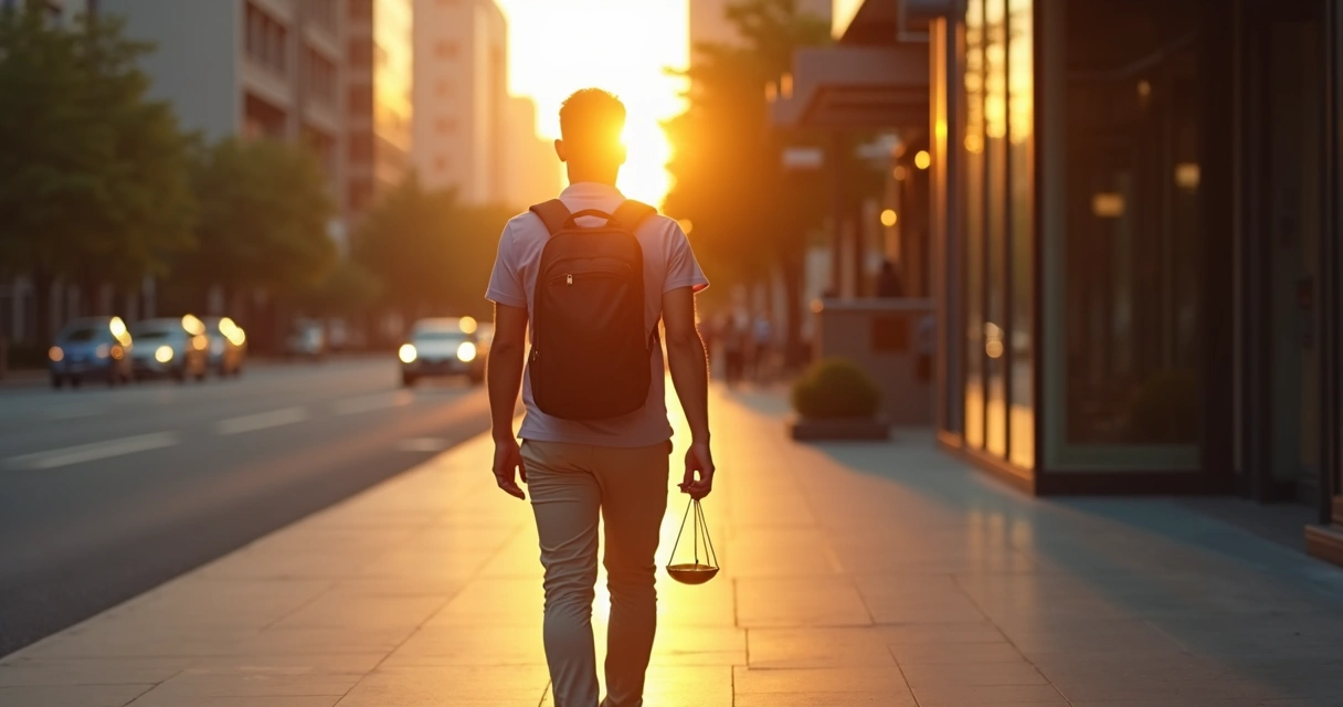 Pessoa caminhando em cidade segurando balança de justiça luminosa na mão 