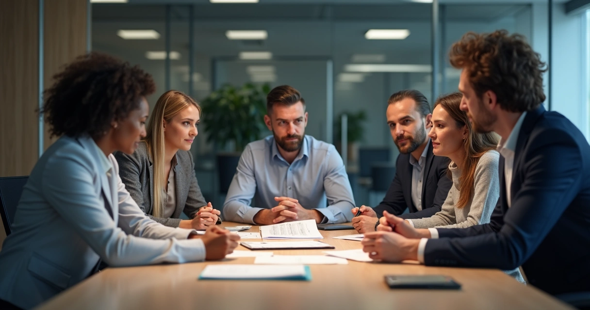 Colegas de trabalho debatendo em mesa de reunião com expressão de reflexão 