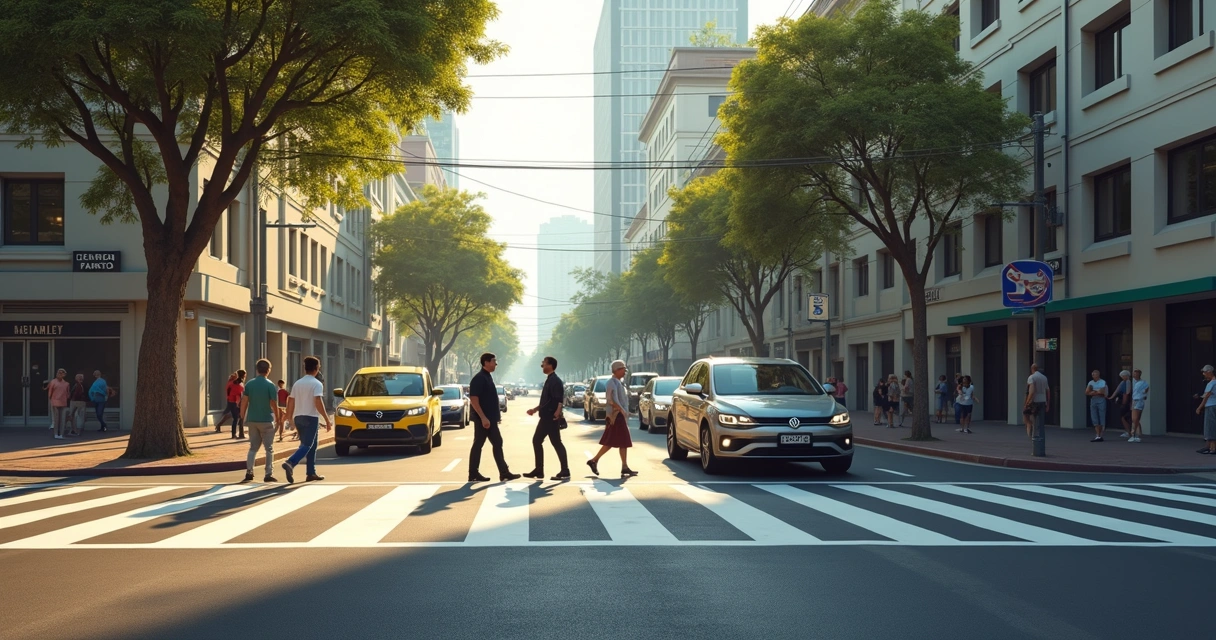 Motorista parando na faixa de pedestre movimentada em avenida da cidade 