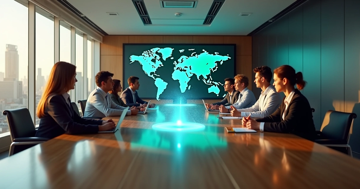 Executivos em reunião global conectando ética e objetivos empresariais 