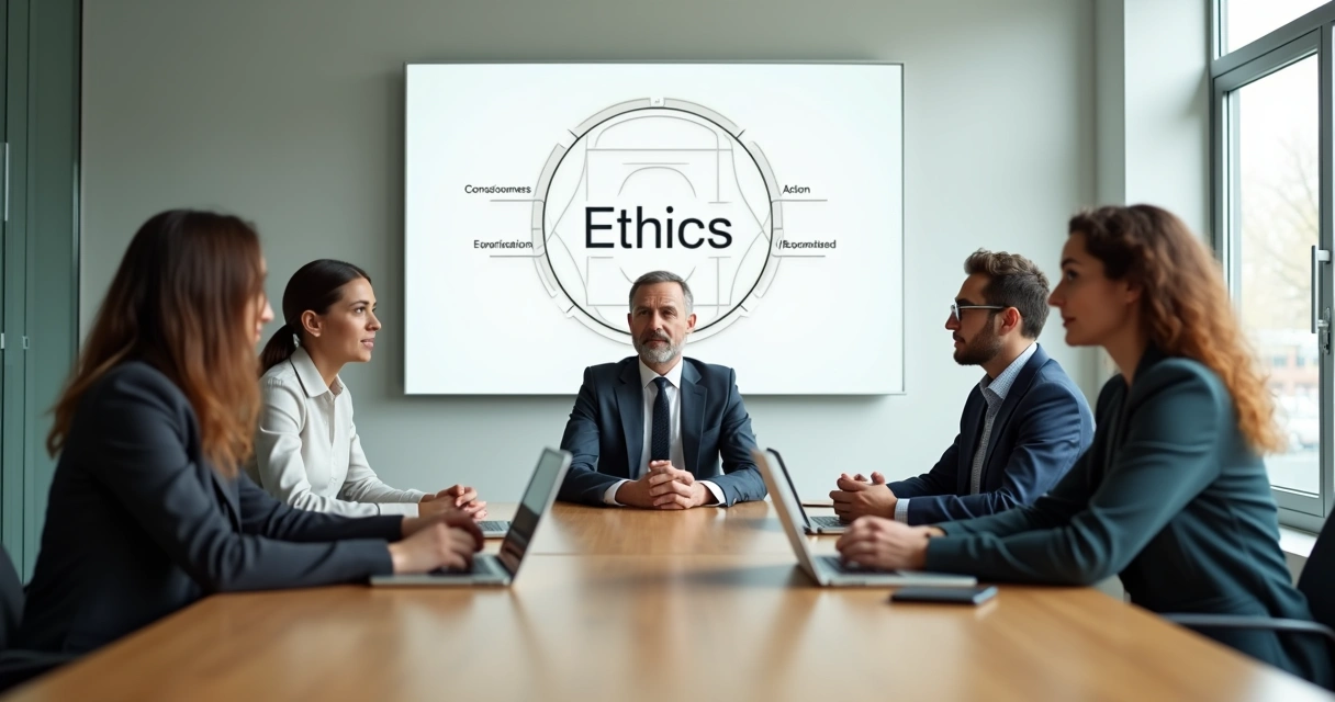 Líder e equipe em reunião ao redor de mesa redonda com símbolos de ética e consciência no quadro 