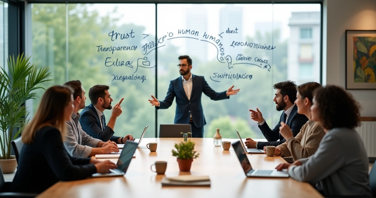 Equipe diversa em reunião alinhando valores éticos na empresa 