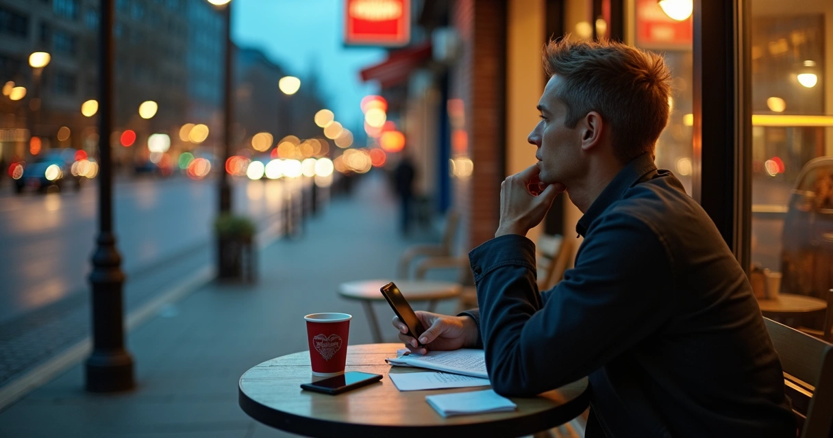 Pessoa refletindo entre dois caminhos éticos em um ambiente urbano cotidiano 