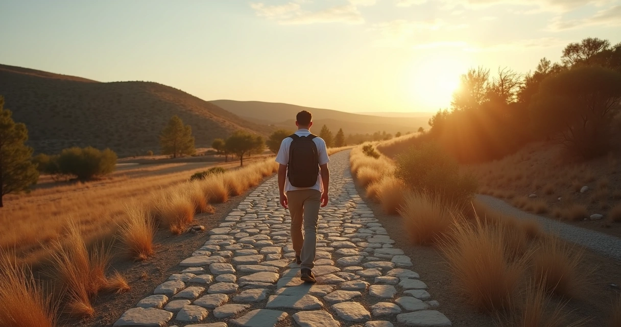 Pessoa caminhando em trilha com pequenas pedras formando um caminho iluminado 