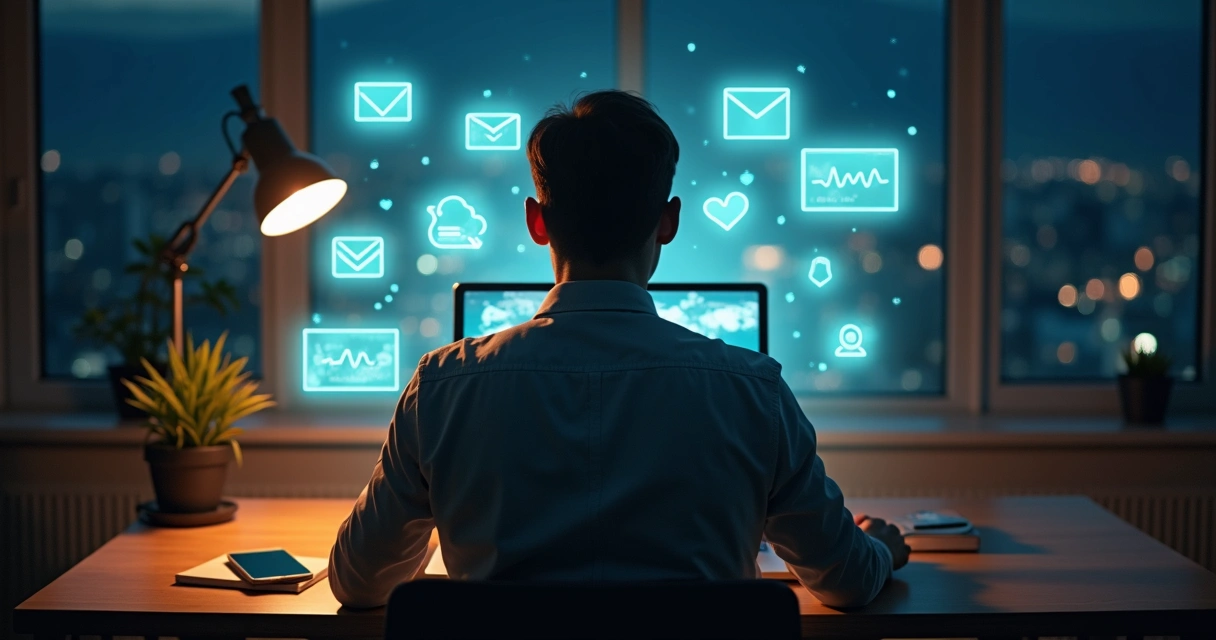 Persona usando laptop rodeada de iconos digitales y un halo de luz que simboliza ética personal 