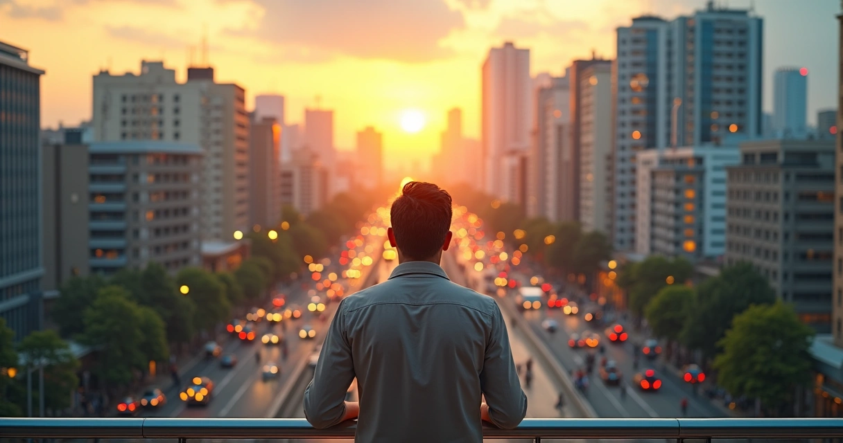 Persona reflexionando frente a una ciudad moderna dividida entre armonía y conflicto 
