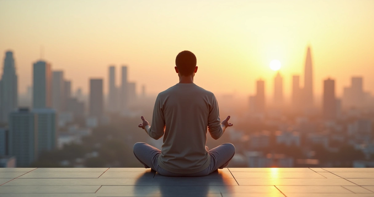 Pessoa meditando em pé diante de cidade moderna ao nascer do sol 