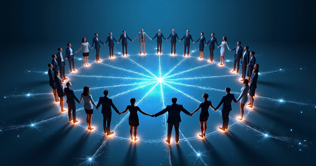 Rede de pessoas conectadas por linhas brilhantes em fundo escuro 