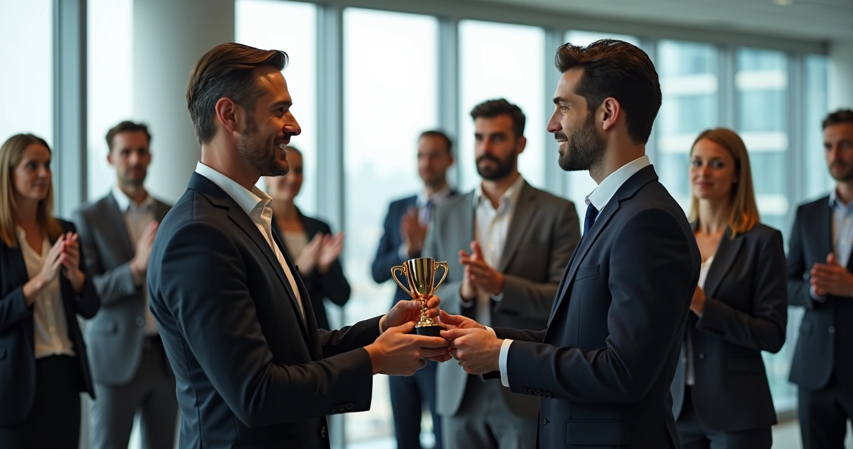 Líder entrega prêmio para colaborador diante de equipe atenta.