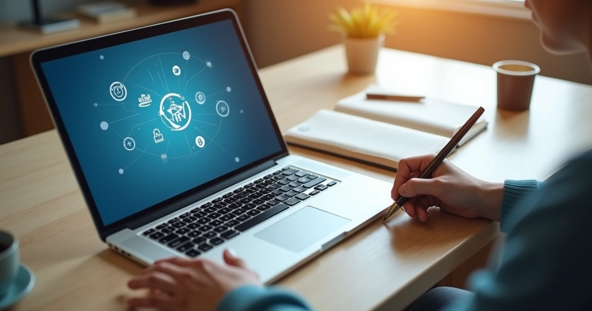Tela com ícones digitais ao lado de pessoa escrevendo em diário 