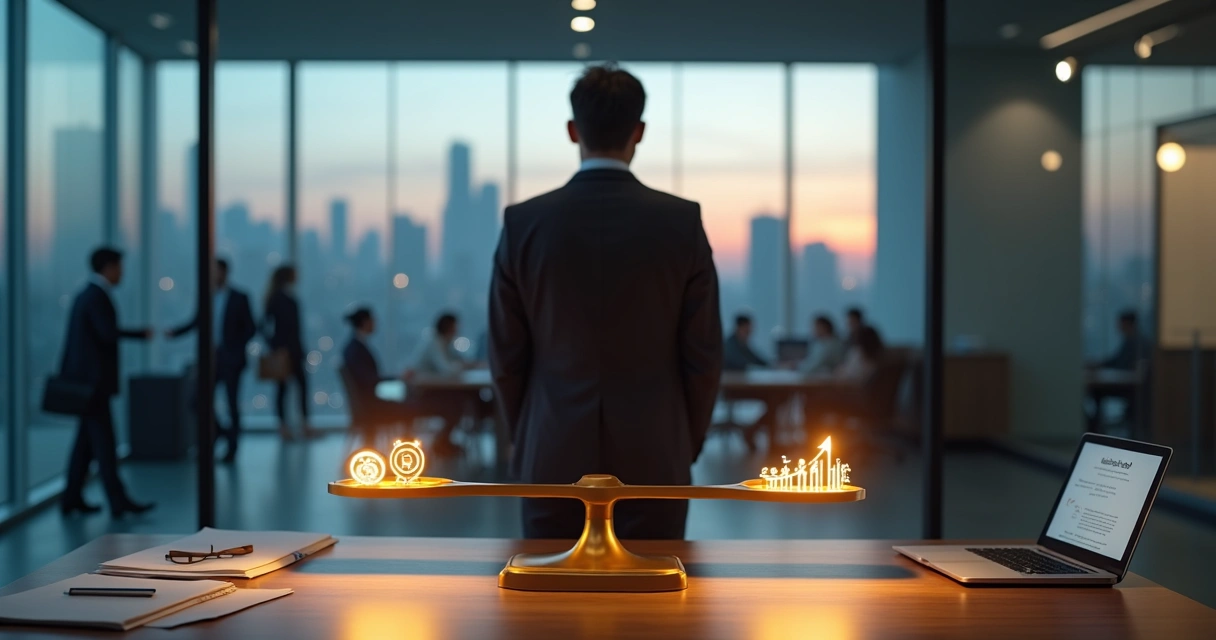 Profesional frente a una balanza luminosa tomando una decisión ética en la oficina 