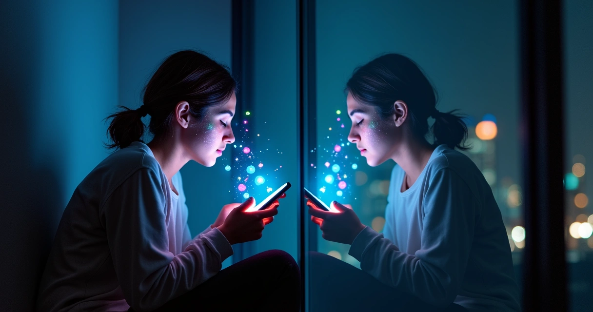 Pessoa olhando celular cercada por ícones de redes sociais e reflexo sereno em vidro 