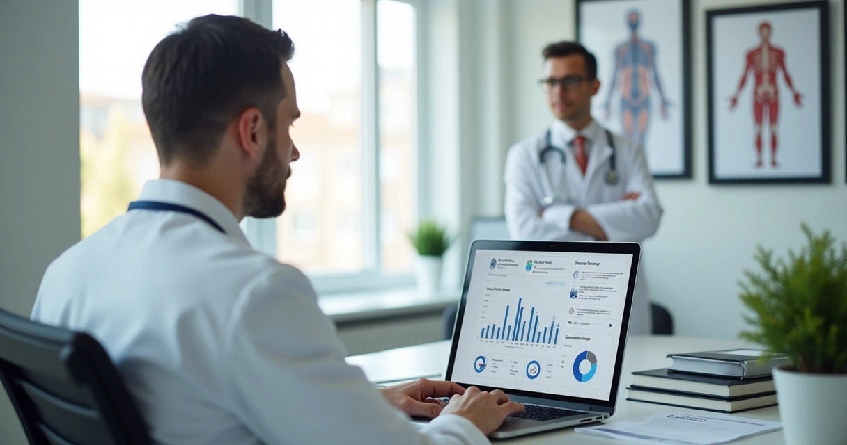 Médico analisando dados em notebook nas redes sociais 