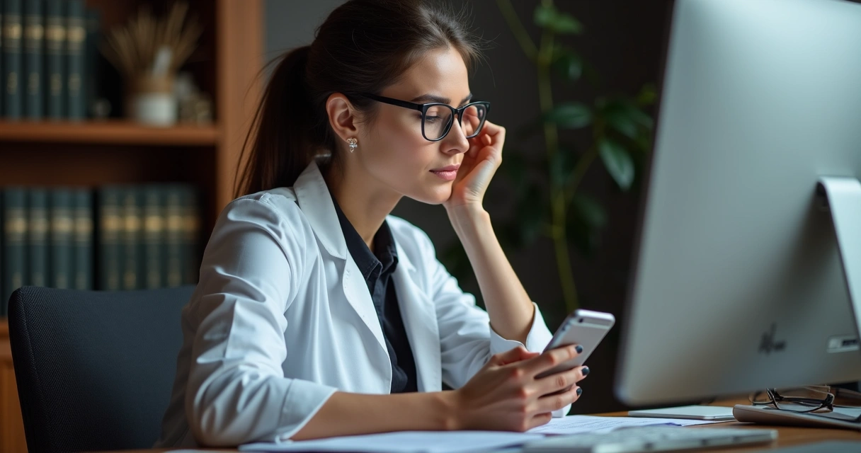 Psicóloga usando celular refletindo sobre ética nas redes sociais 