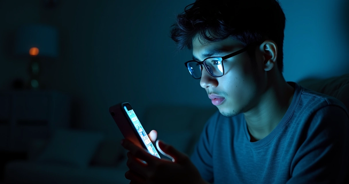 Pessoa olhando para o celular à noite com reflexo de redes sociais no rosto 
