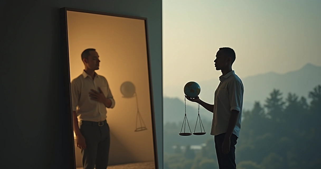 Persona ante espejo dividido entre reflexión interna y decisiones éticas en el mundo 