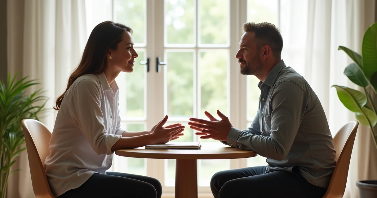 Duas pessoas conversando de forma respeitosa em uma sala iluminada 