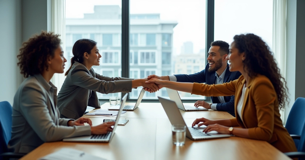 Equipe diversa em reunião apertando as mãos sobre a mesa 
