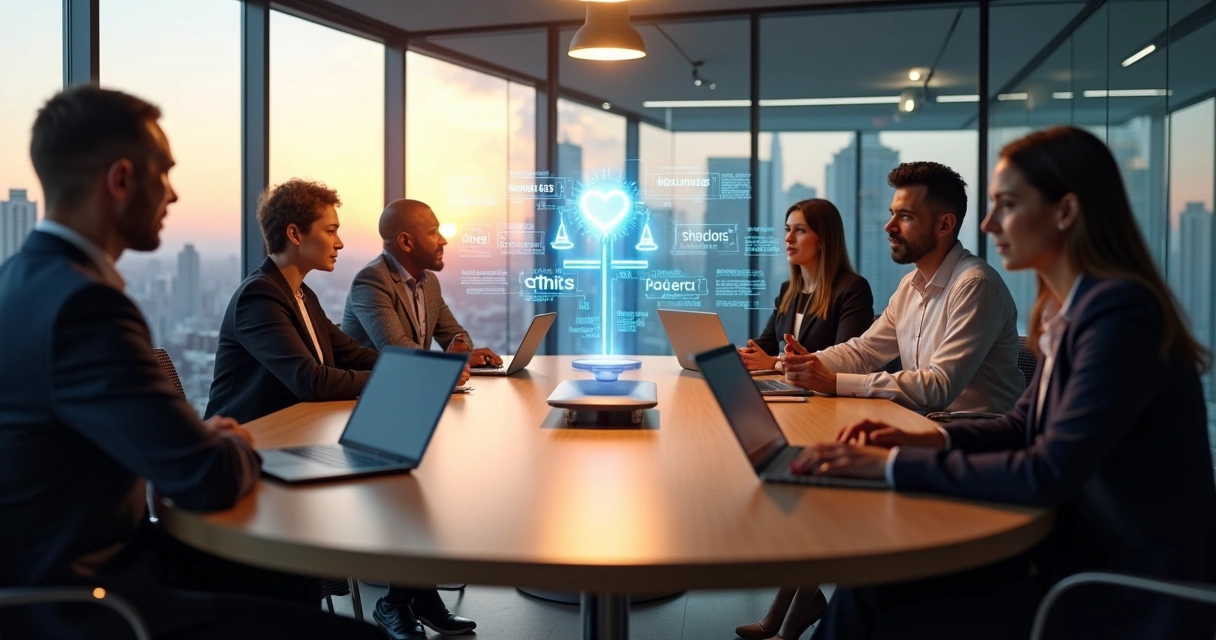 Equipe diversa em reunião de negócios com símbolo de ética em destaque na mesa 