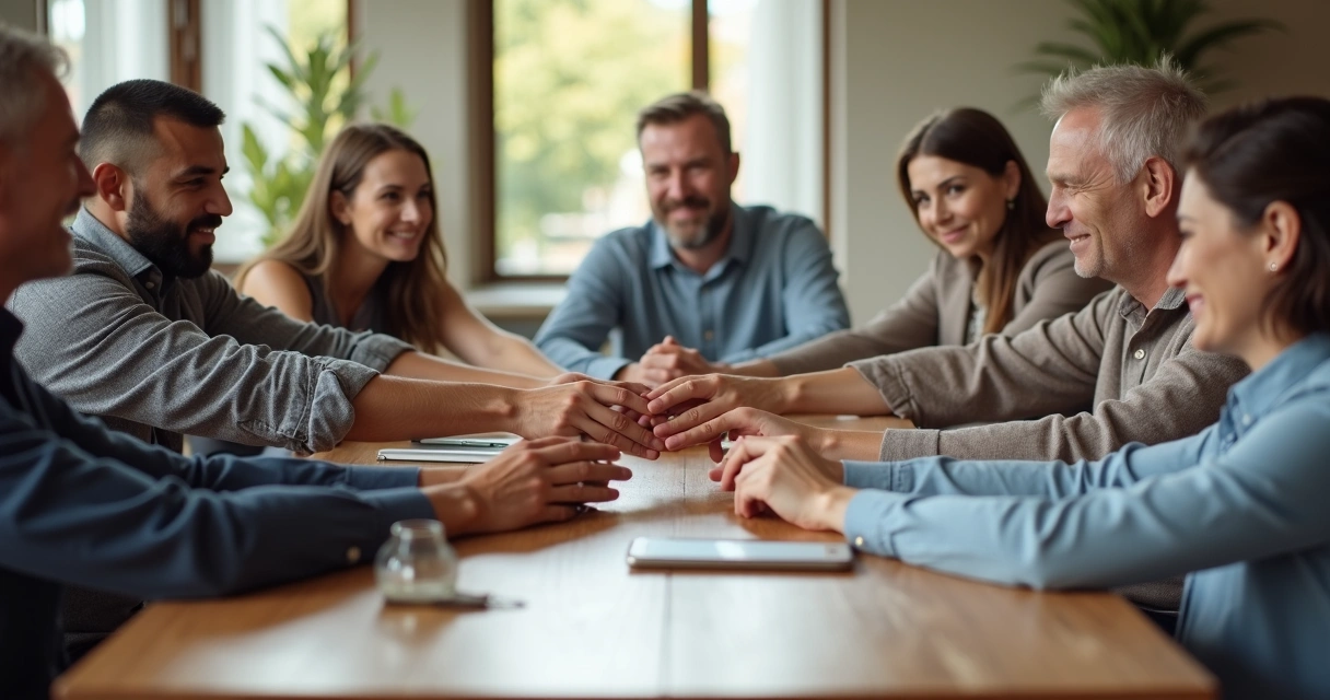 Grupo de pessoas em círculo unindo as mãos no centro de uma mesa de madeira 