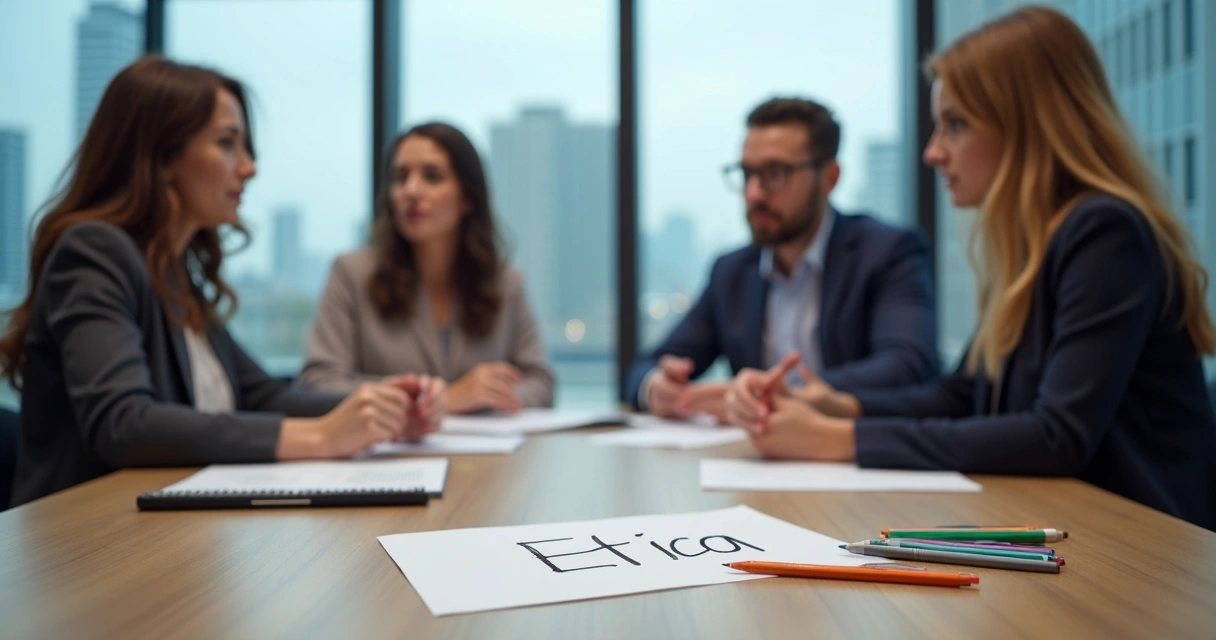 Equipe empresarial em discussão ética em sala moderna com luz suave 