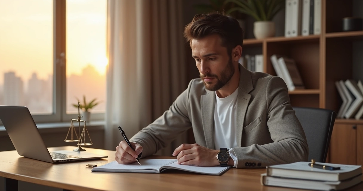 Profissional em escritório refletindo sobre decisões éticas diante de símbolos de justiça 