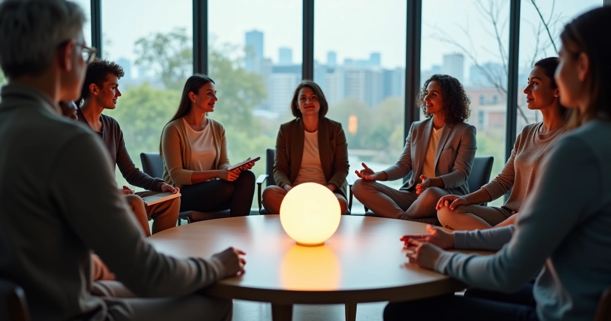 Grupo diverso em círculo com luz no centro simbolizando ética e saúde mental coletiva 