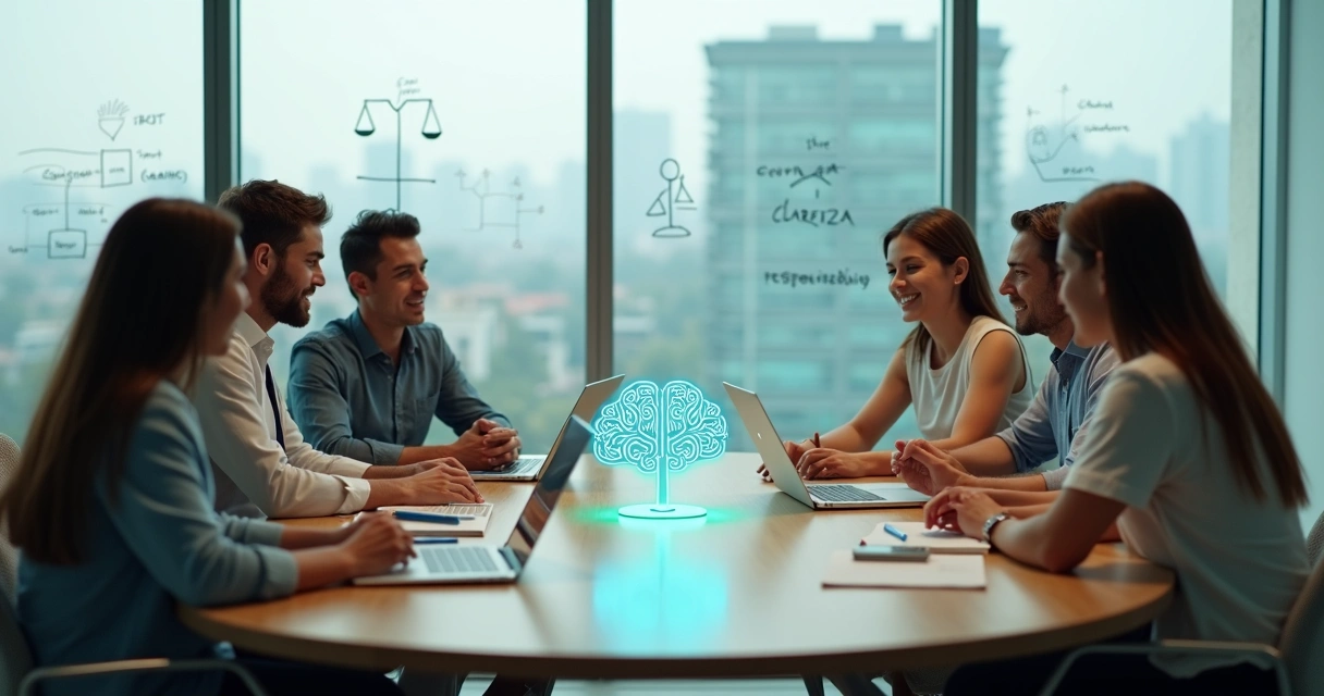 Equipe de trabalho em reunião mostrando equilíbrio entre ética e saúde mental 