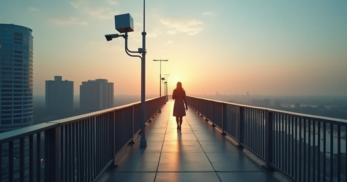Pessoa caminhando sozinha em uma ponte elevada com câmera de vigilância apagada ao fundo 
