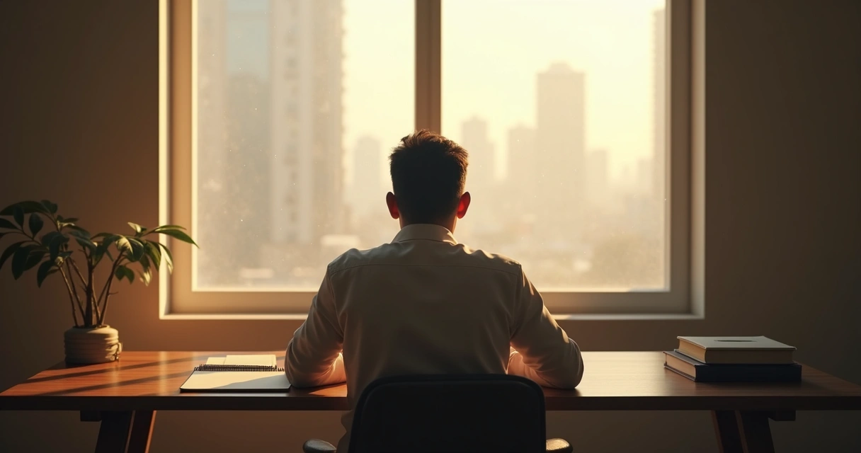 Pessoa em silêncio diante de janela luminosa refletindo sobre decisão íntima 