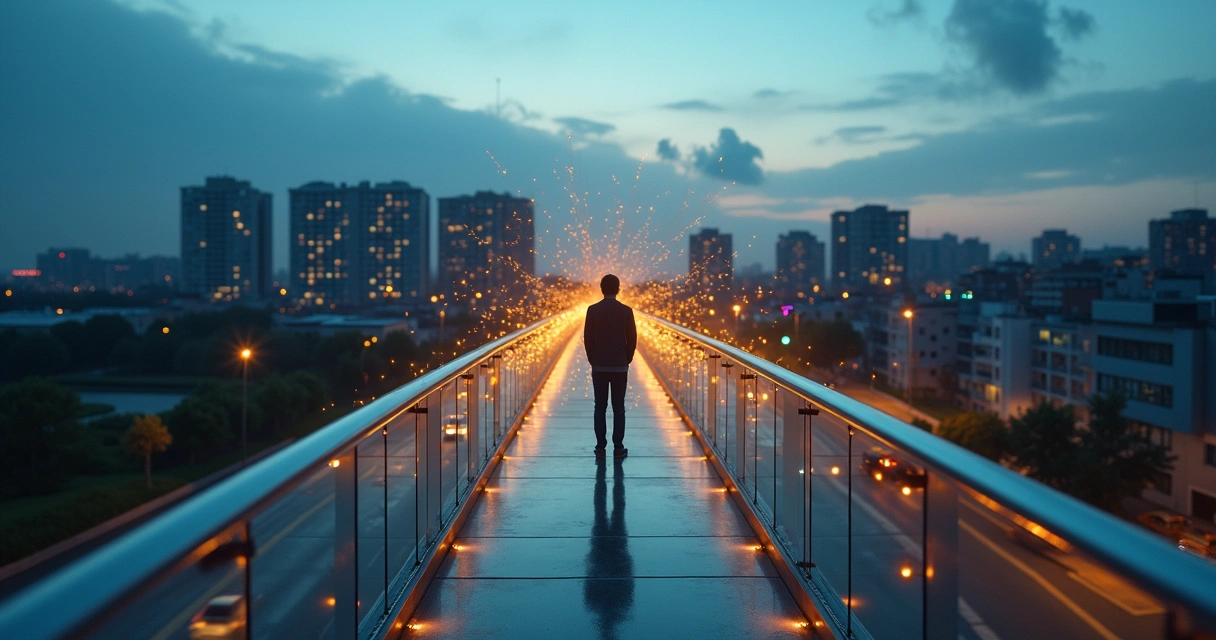 Pessoa em ponte elevada observando fluxos de luz conectando a cidade ao entardecer 