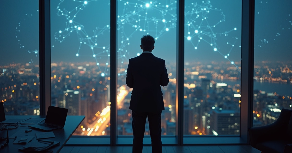 Líder olhando uma cidade iluminada à noite com conexões em rede simbolizando decisões complexas 