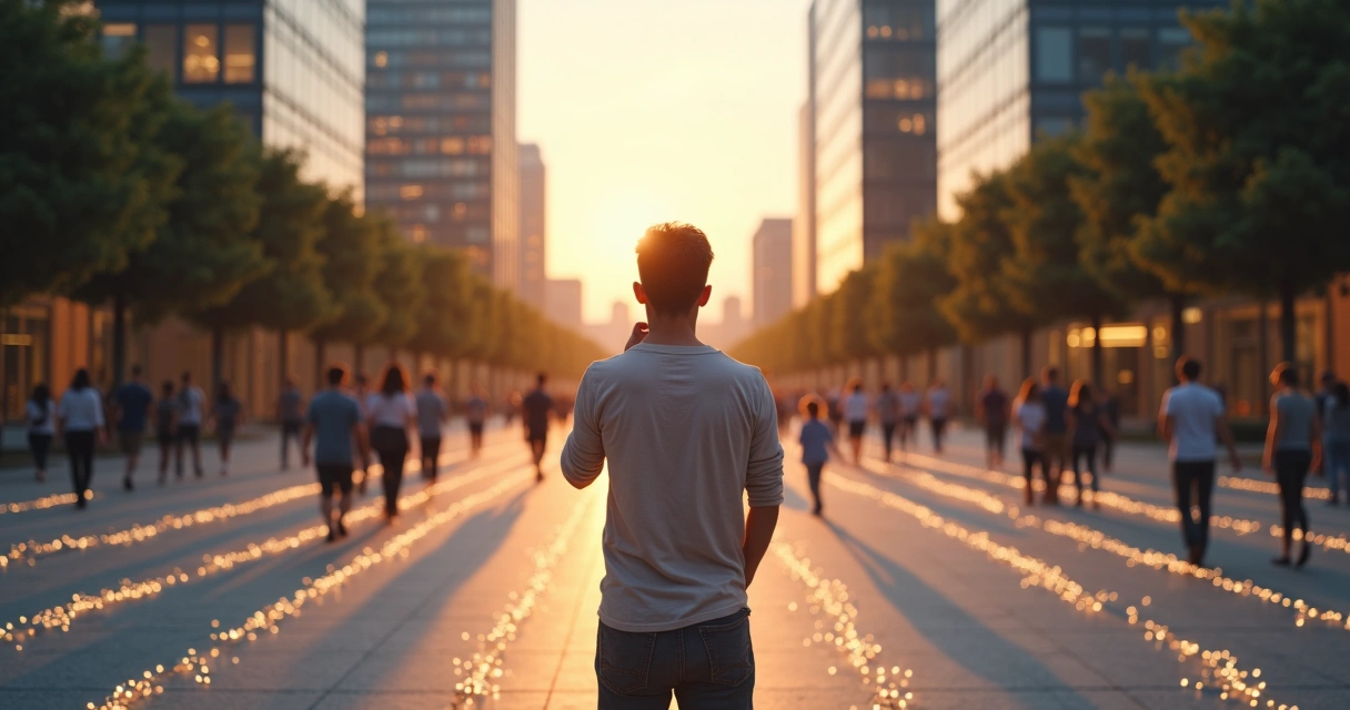 Pessoa escolhendo caminho diante de vários fluxos interconectados 