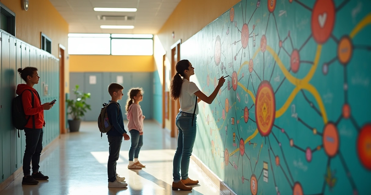 Corredor de escola com murais coloridos explicando laços e conexões éticas entre alunos 