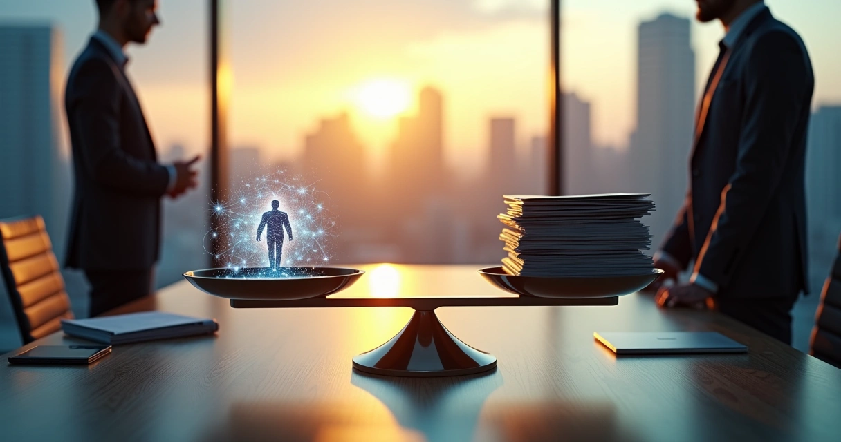 Executivo observando balança que equilibra ética sistêmica e normas organizacionais 