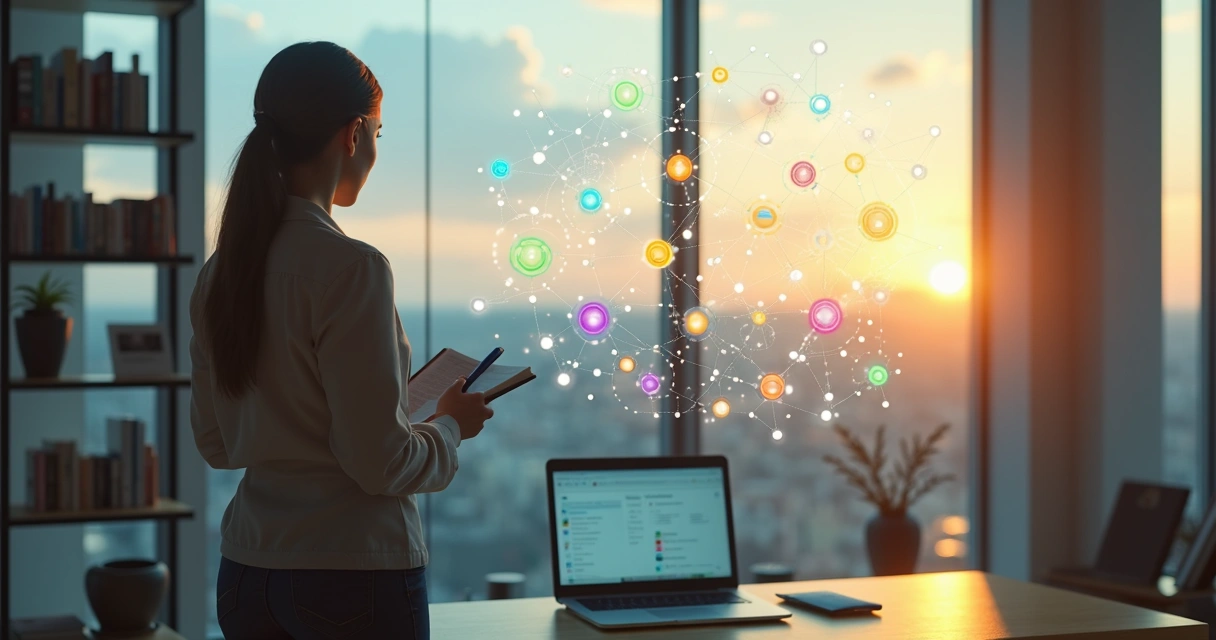 Persona observando un diagrama de conexiones que representa ética sistémica 