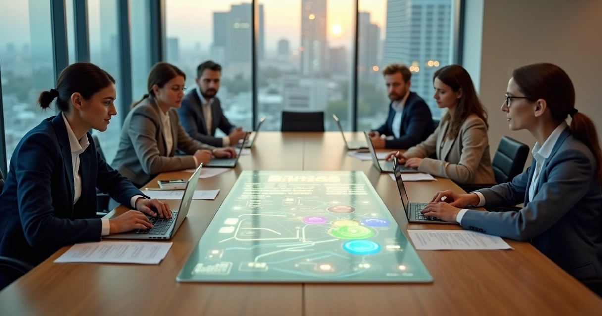 Reunião de trabalho com dois caminhos éticos simbolizados por luz e sombra 