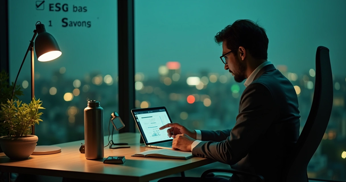 Líder observa relatório ESG ao lado de plantas 