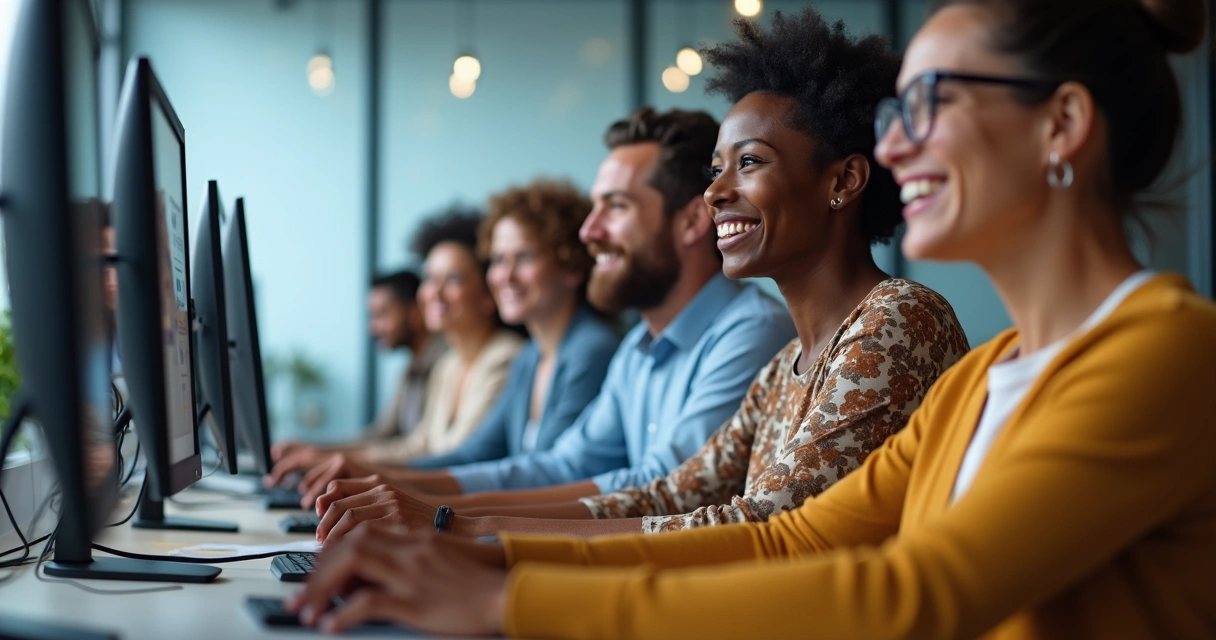 Grupo diversificado em reunião online sorrindo diante de notebooks